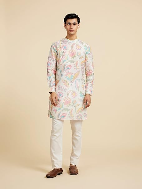 MANYAVAR Men's Cotton Blend Floral Printed Kurta